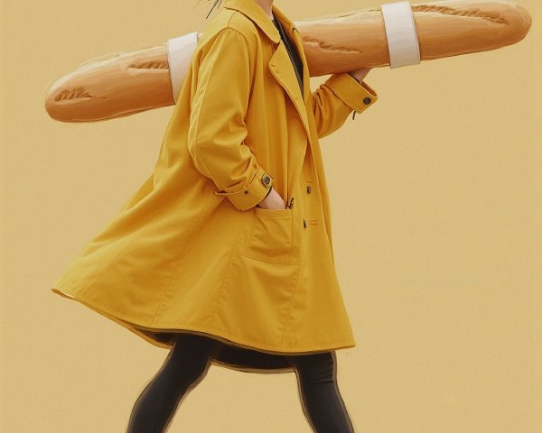 Young woman in yellow coat with baguette and boots