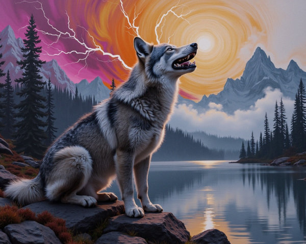 Wolf on Rocky Shore at Surreal Sunset with Mountains