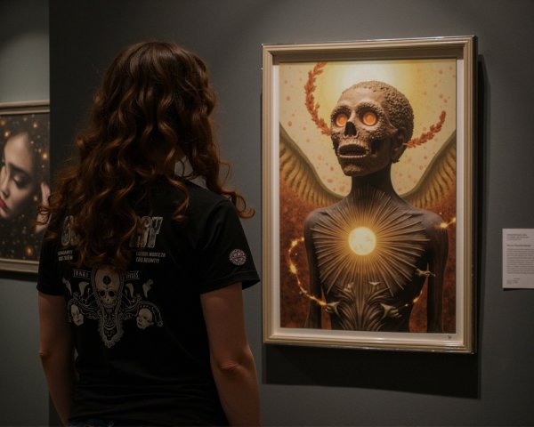 Woman in art gallery observing striking skeletal artwork