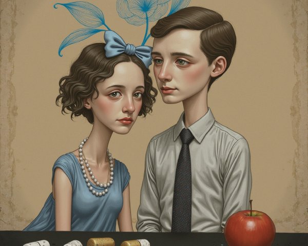Stylized Figures with Serene Expressions and Dreamlike Elements