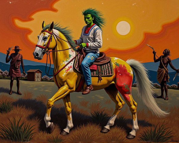 Surreal Scene of Green-Skinned Character on Colorful Horse