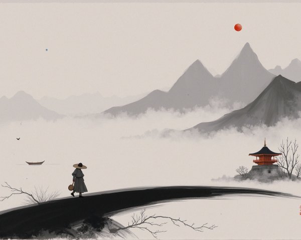 Serene landscape with figure, pagoda, and misty mountains