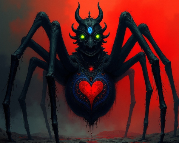 Menacing Spider with Glowing Eyes on Fiery Background