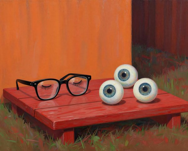 Surreal still life with glasses and disembodied eyeballs