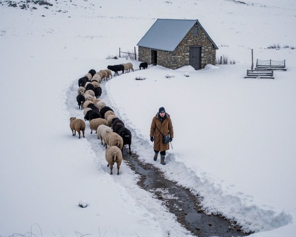 Shepherd Walking Sheep on Snow-Covered Pathway