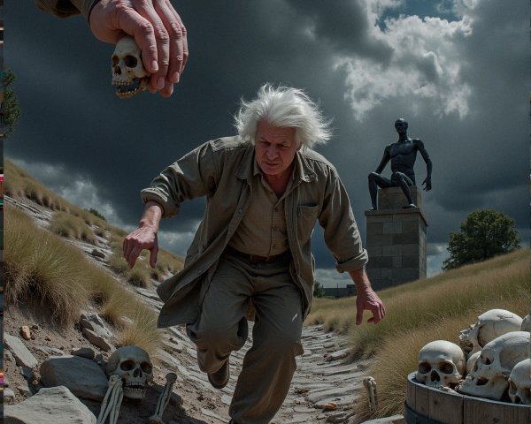 Distressed Figure on Rocky Path with Skulls and Statue