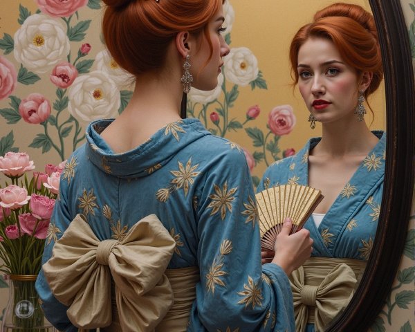 Woman in blue kimono with floral patterns by mirror
