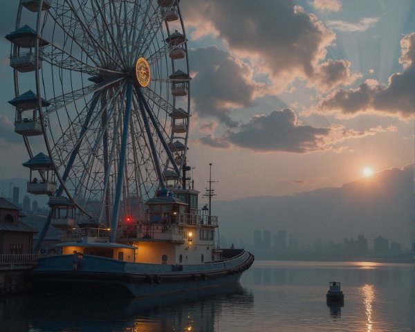 Twilight Scene with Ferris Wheel and Calm Water