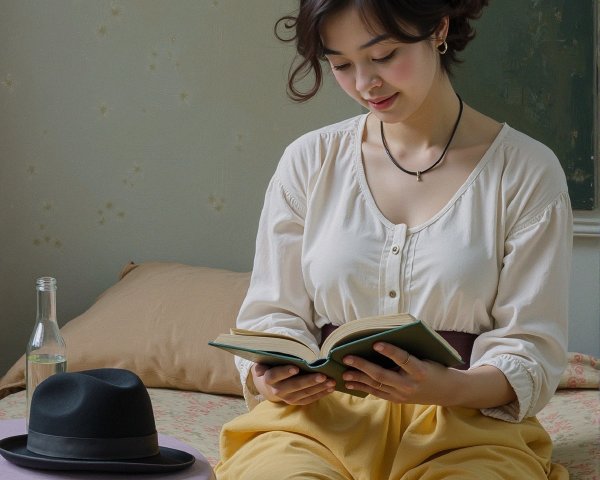Young woman reading on a bed in cozy room setting