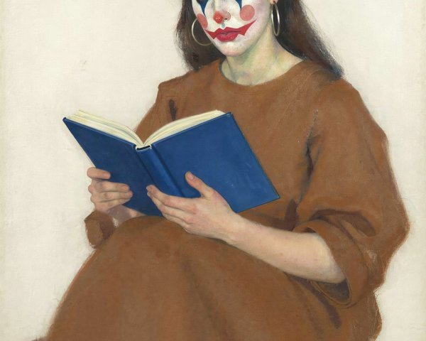 Woman in Brown Robe Reading with Clown Makeup
