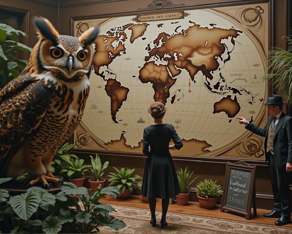 Vintage Room with Woman, Map, and Oversized Owl