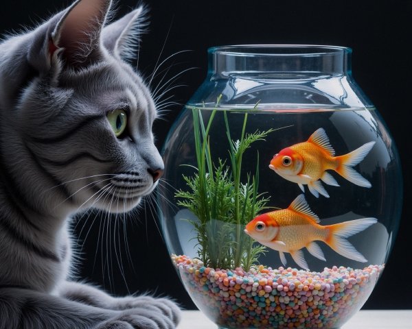 Curious Cat Observing Goldfish in a Bowl