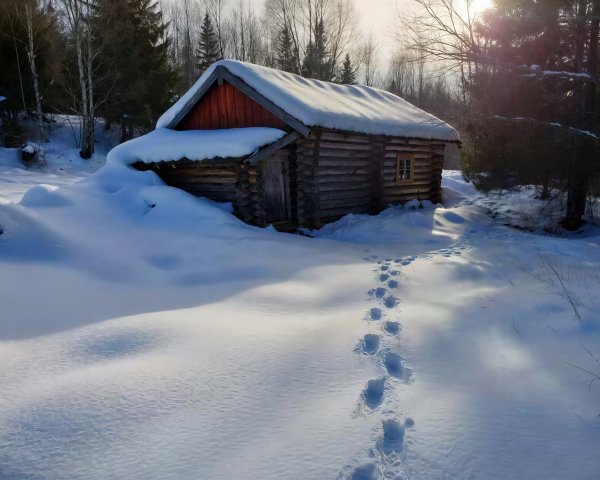Snowy Wooden Cabin with Red Roof in Winter Landscape