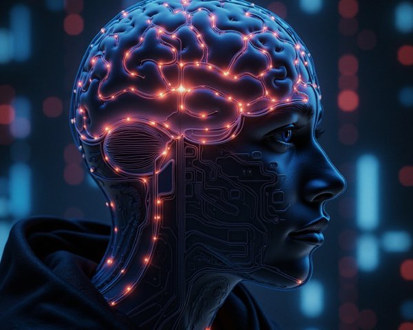 Futuristic Humanoid with Illuminated Circuitry Brain