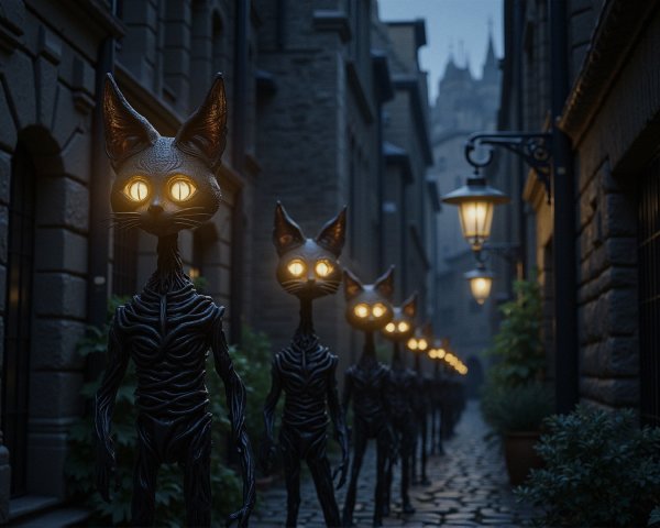 Eerie Cat-Like Figures in a Dimly Lit Alleyway