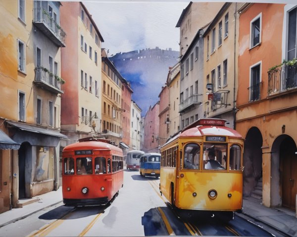 Charming Trams in a Colorful City Scene
