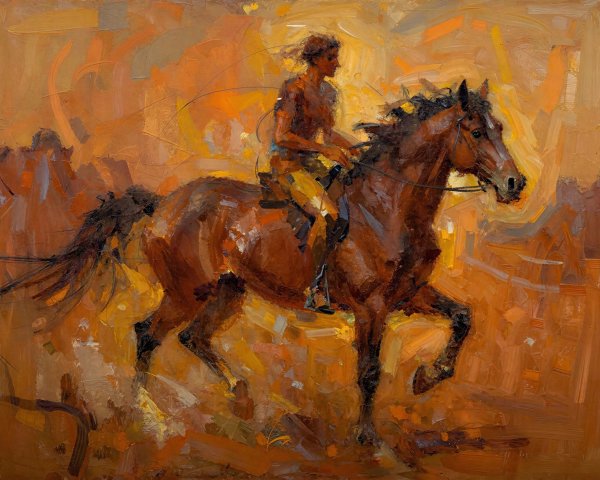 Native American Rider on Galloping Horse in Oil Painting