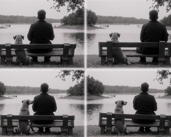 Black-and-White Scene of Man and Dog by Lake