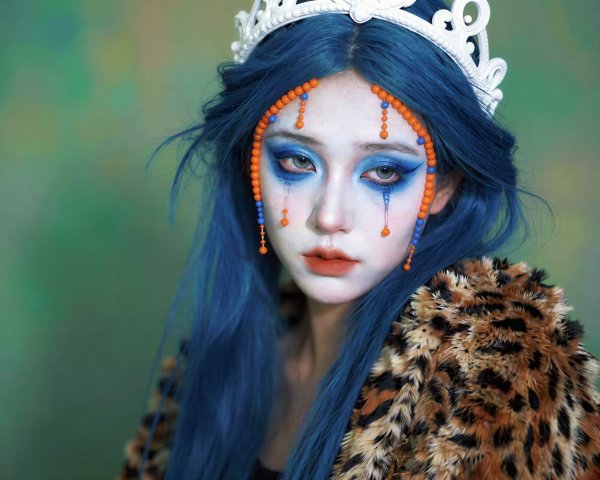 Close-up portrait of a woman with blue hair and crown