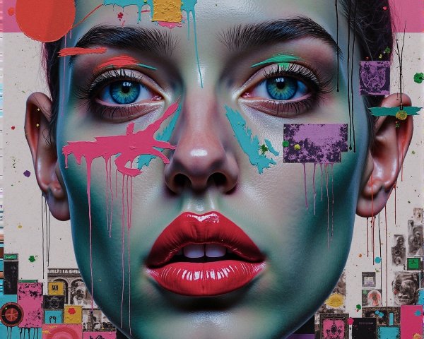 Hyper-realistic portrait of a young woman with color splashes