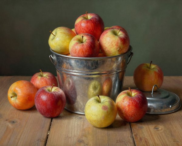 Still Life of Apples in Silver Pail on Teal Background