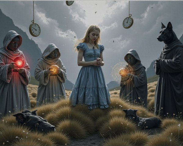 Surreal Landscape with Girl and Cloaked Figures