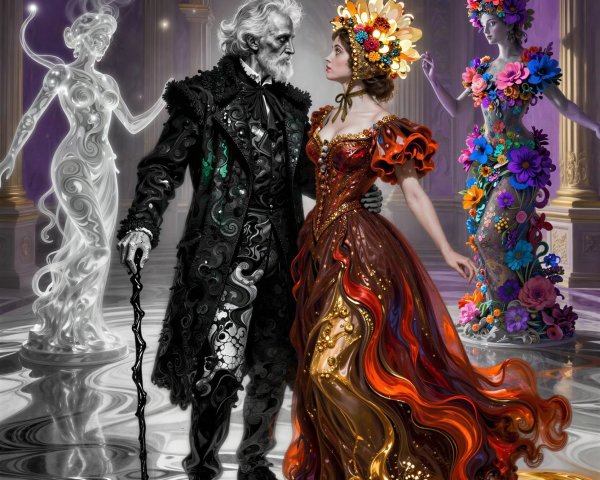 Elderly man and women in ornate attire in grand ballroom