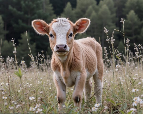 Calf in a Lush Field Surrounded by Wildflowers