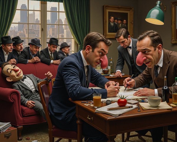 Surreal Scene of Men Drawing with Shadowy Observers