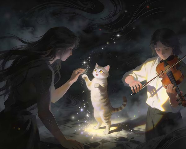 Whimsical Digital Painting of Woman and Striped Cat
