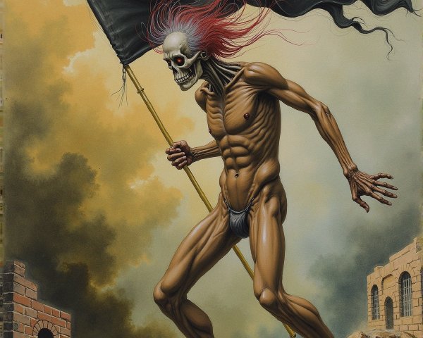Muscular Skeleton with Flag in Dramatic Landscape