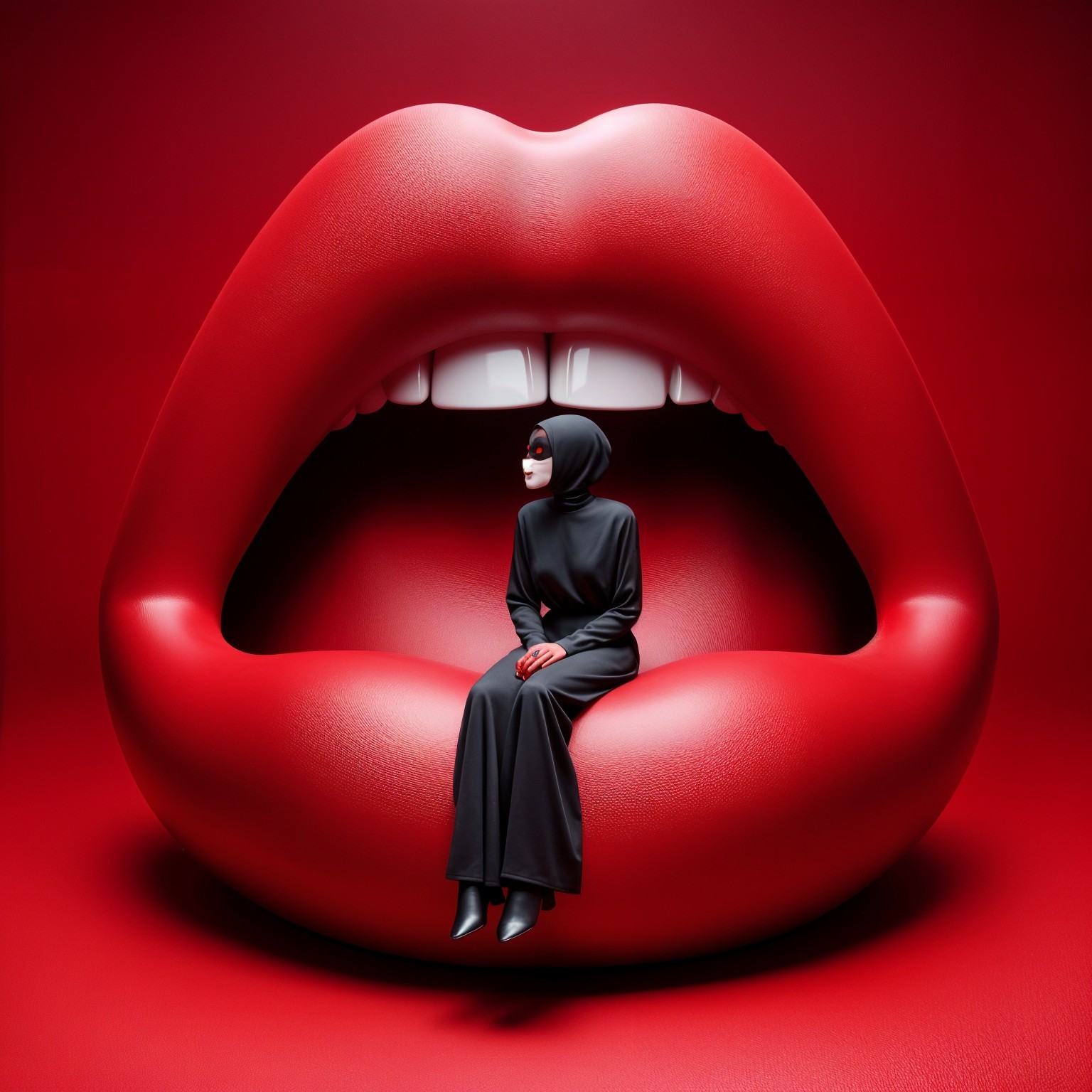 Glossy Red Lips and Contemplative Figure Contrast