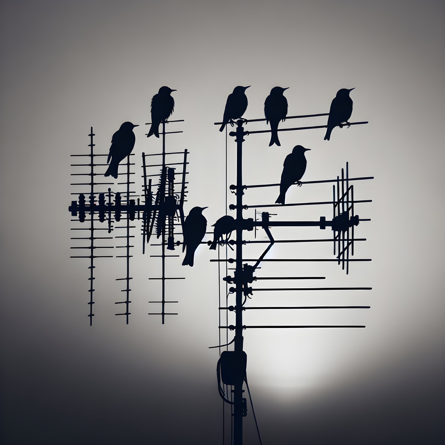 Birds on Antennas Against a Hazy Gradient Background