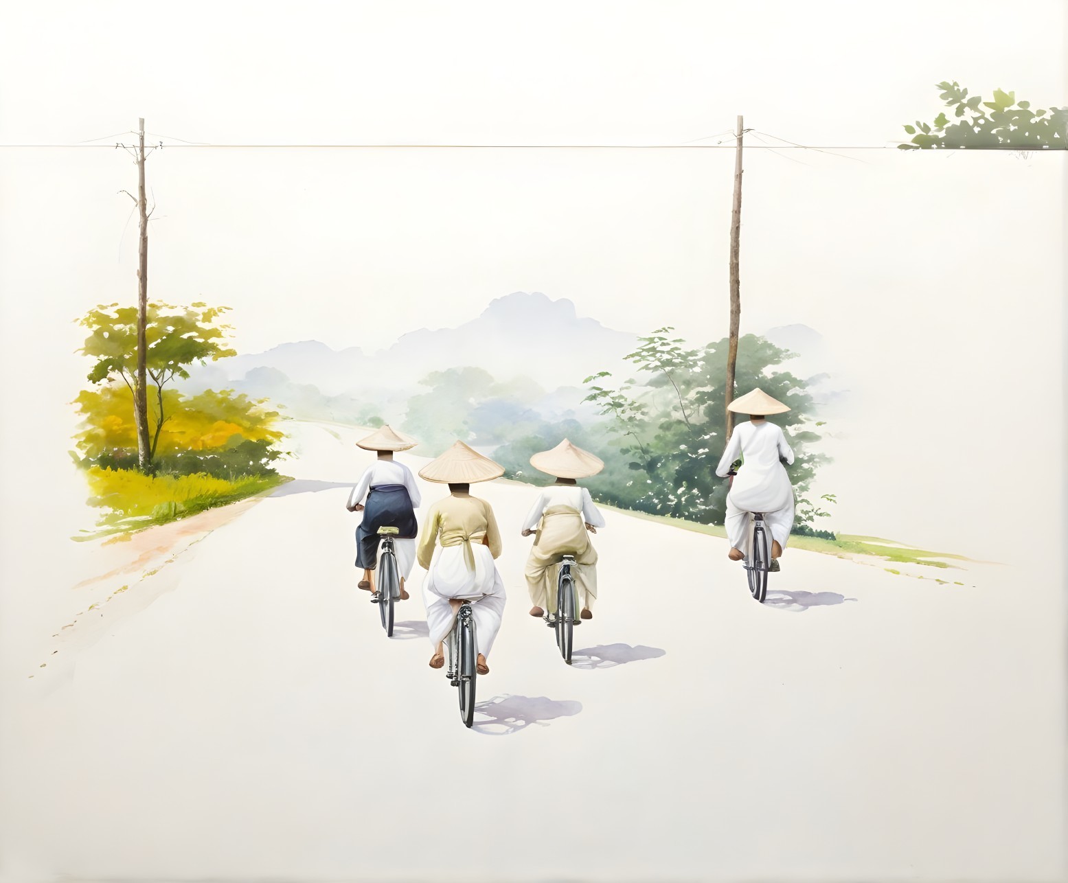 Figures Riding Bicycles on a Misty Winding Road