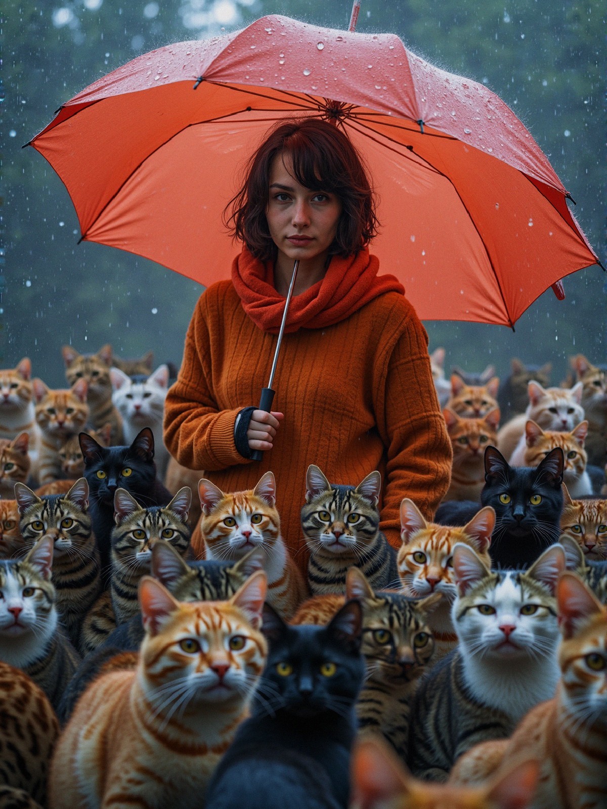Woman in orange sweater with colorful cats under umbrella
