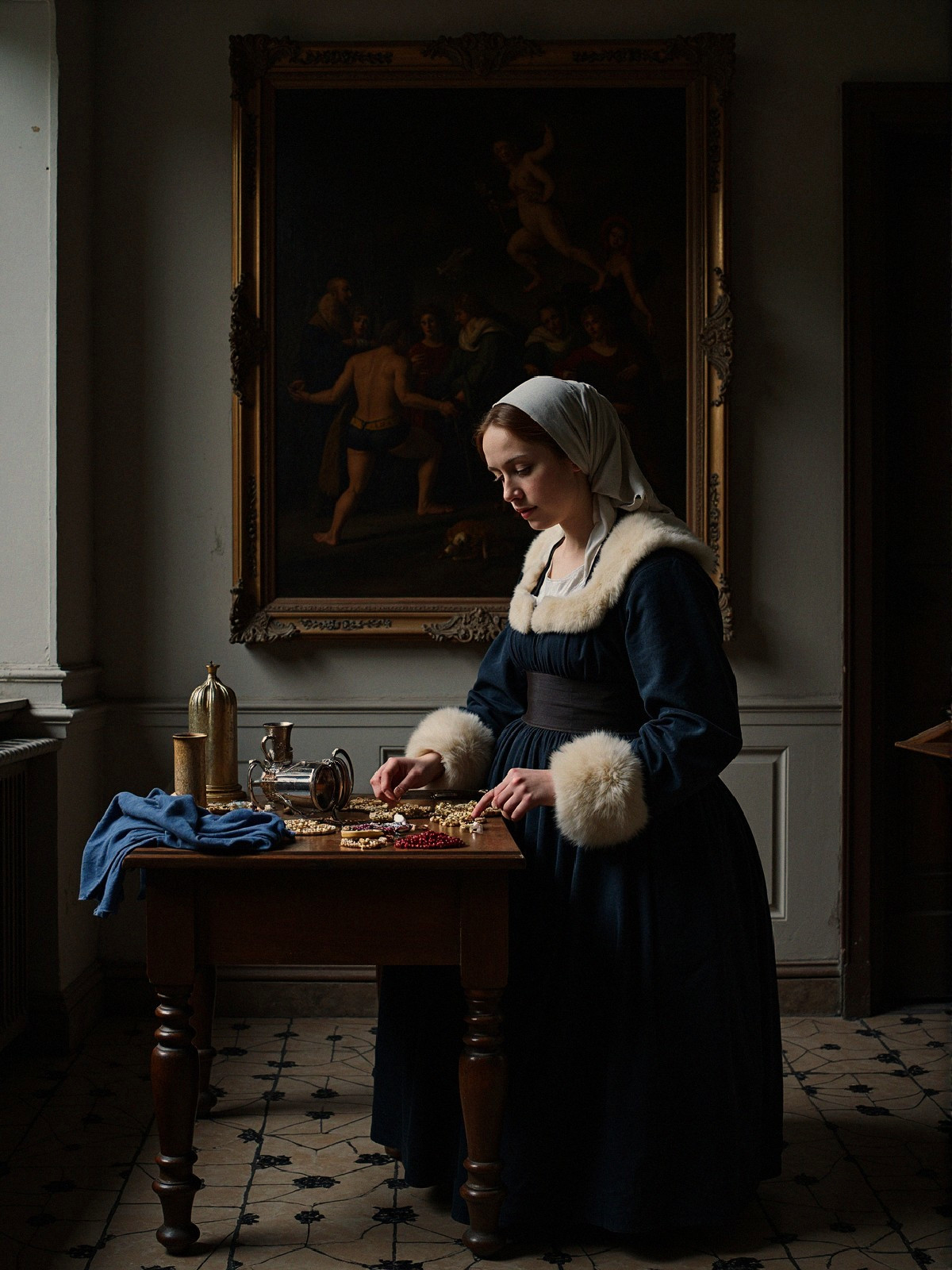 Woman in Elegant Dress Arranging Colorful Jewelry