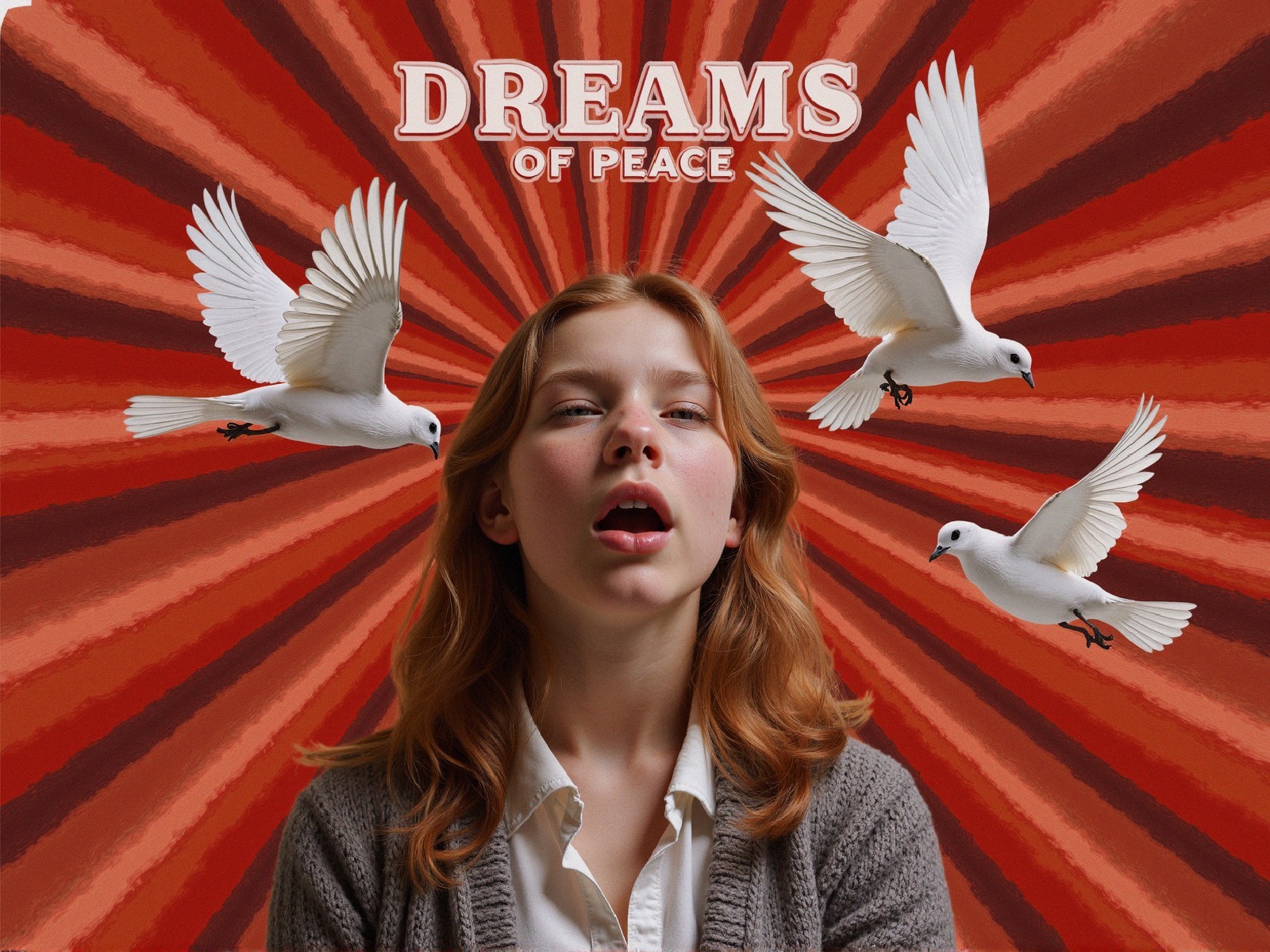 Young Woman with Doves in Vibrant Peaceful Scene
