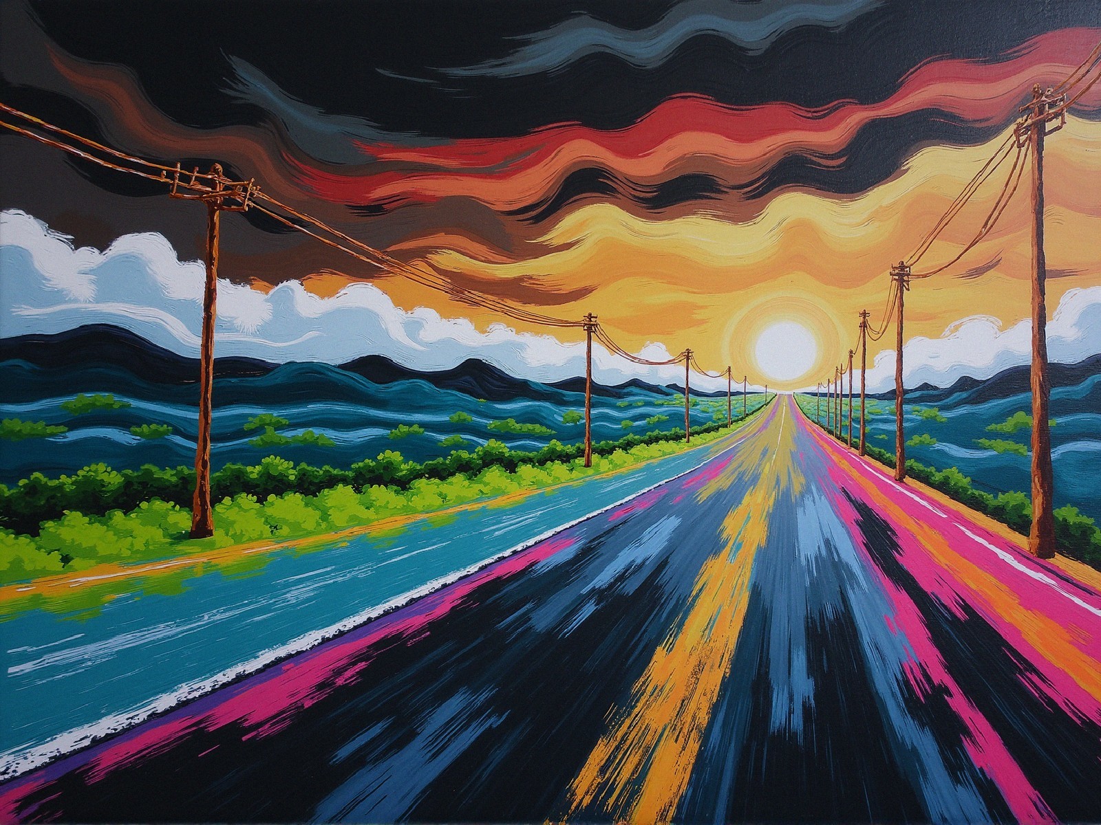 Vibrant Landscape with Winding Road and Sunset Skies