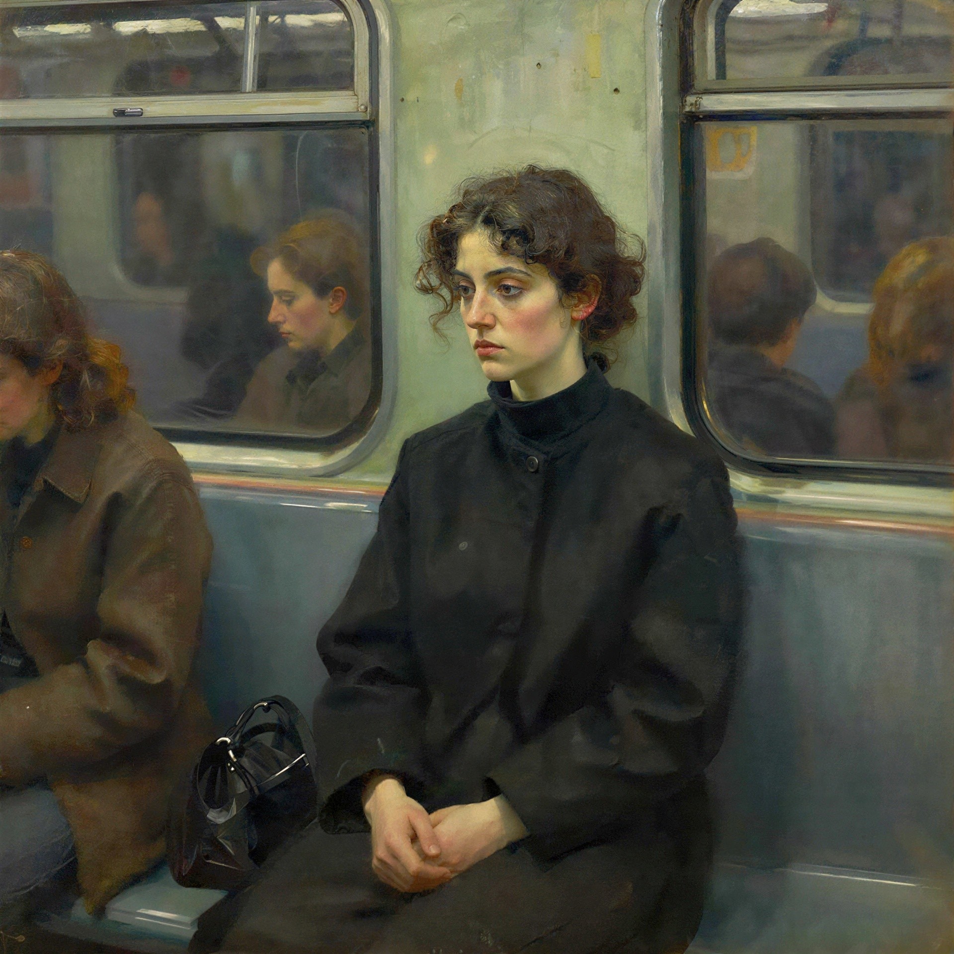 Portrait of a Thoughtful Young Woman on Subway Train