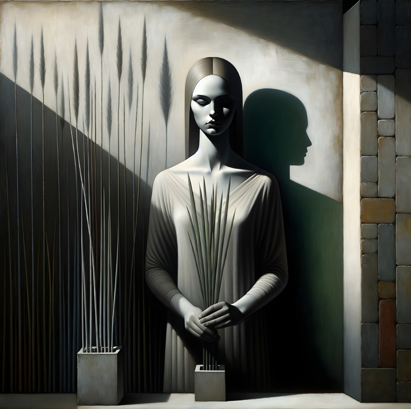 Monochromatic Artwork of Woman with Plants and Texture
