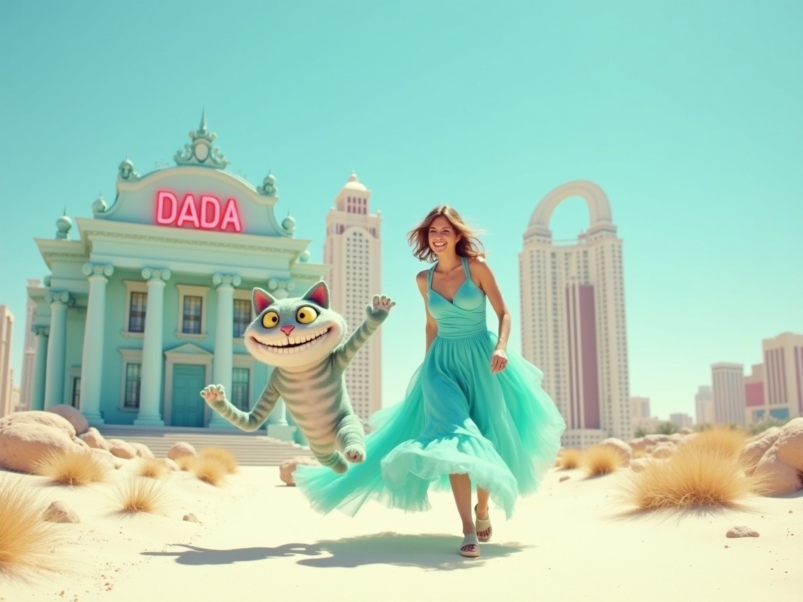 Whimsical Desert Scene with Woman and Cartoon Cat