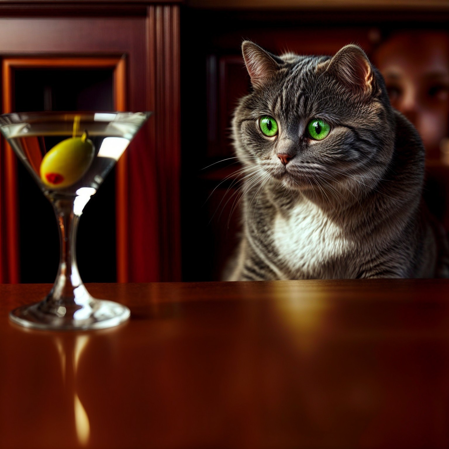 Tabby Cat Observing Martini Glass on Wooden Bar
