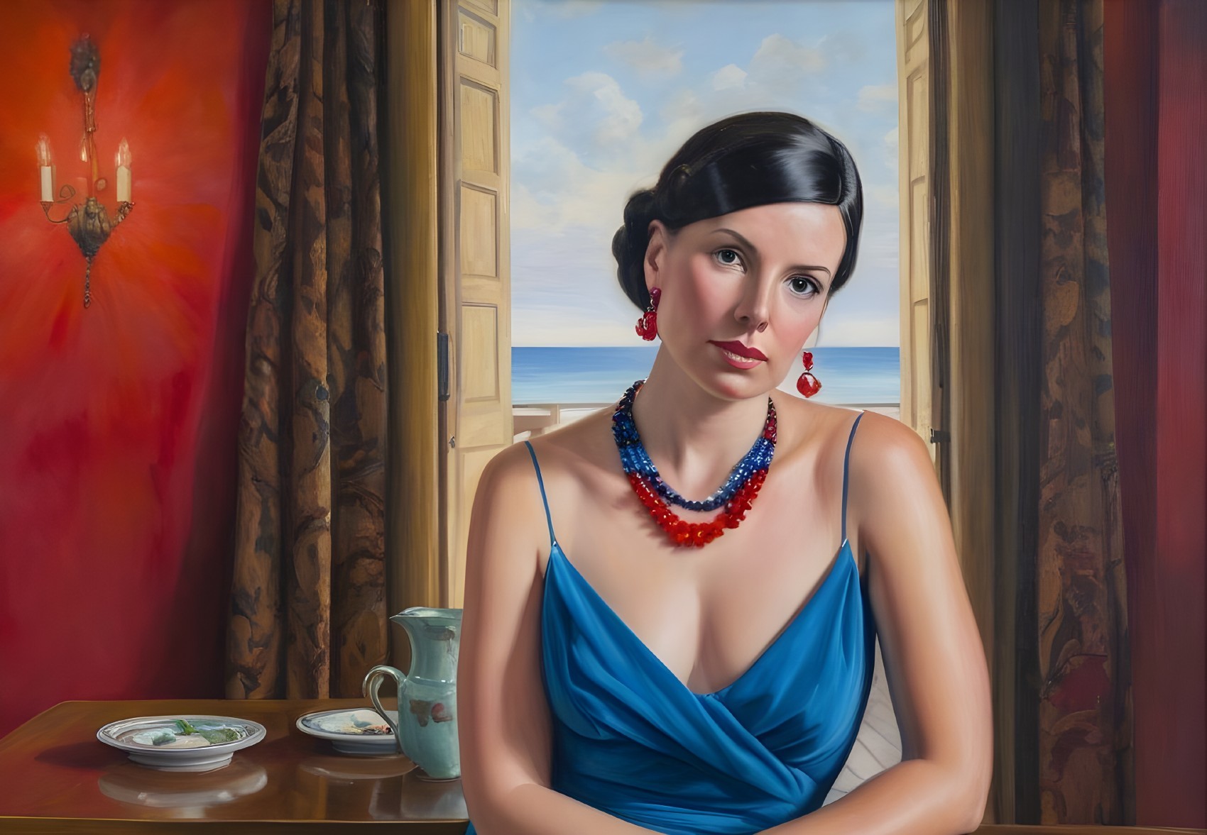 Woman in Blue Dress Seated by Seascape Windows