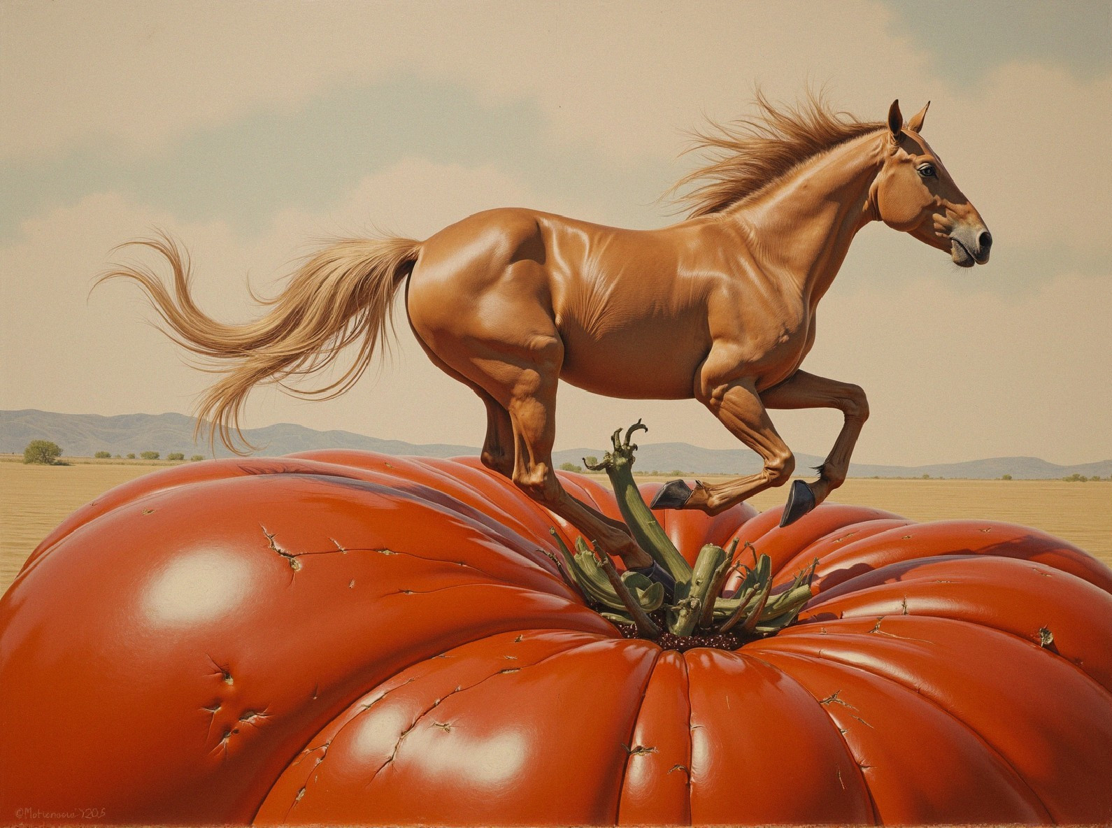 Muscular Horse Running on a Giant Red Tomato