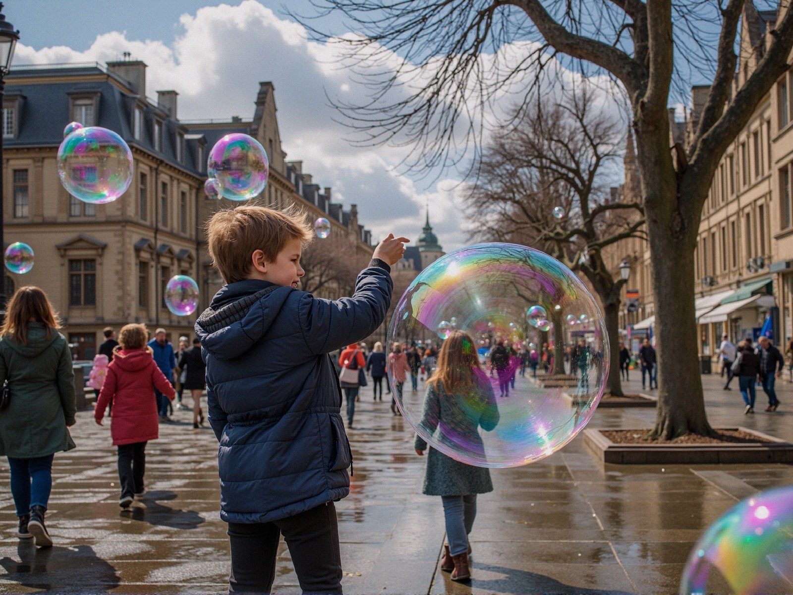 Child in Blue Jacket Pops Soap Bubble on Busy Street