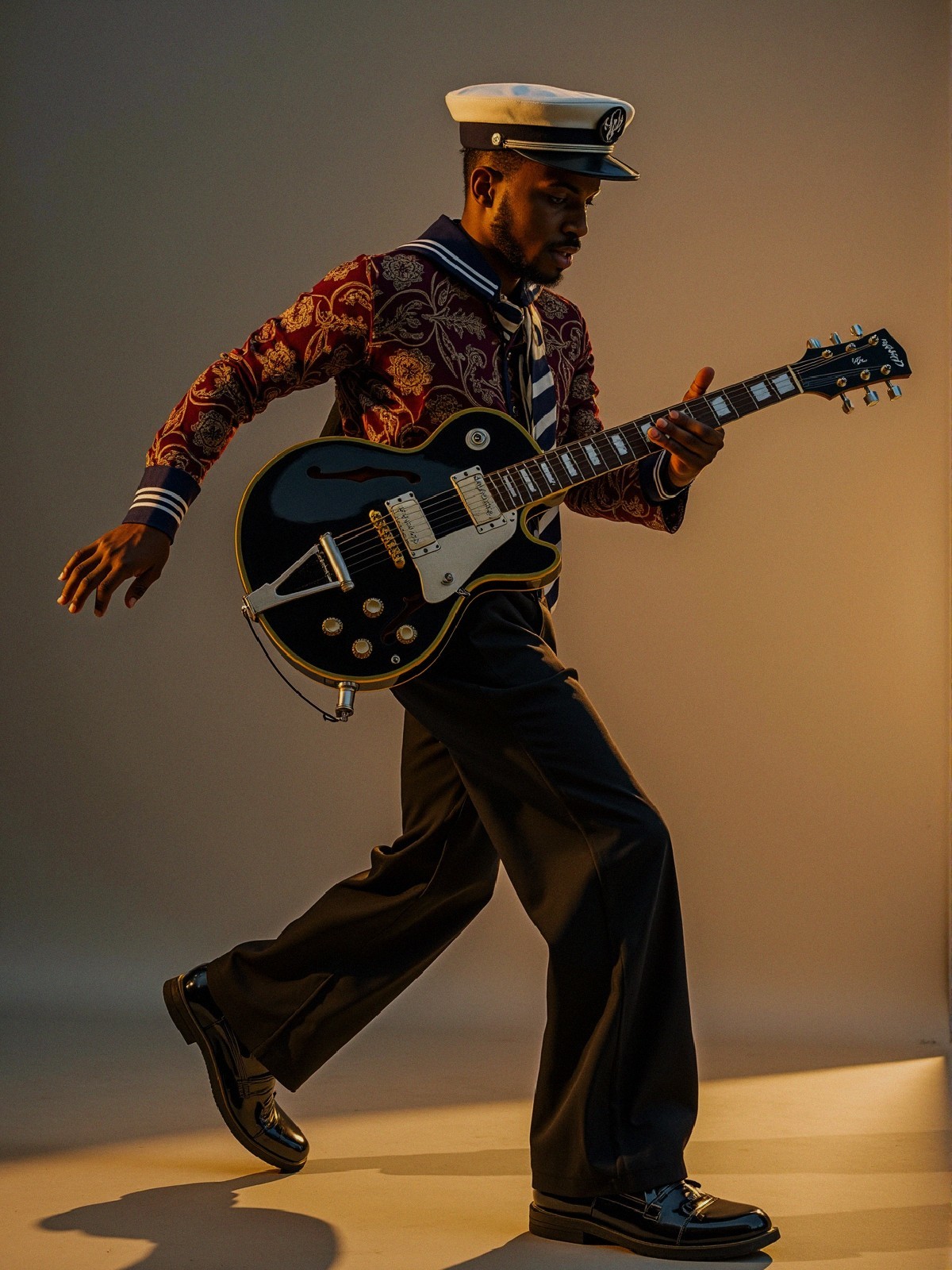 Musician in Navy-Themed Jacket Playing Electric Guitar