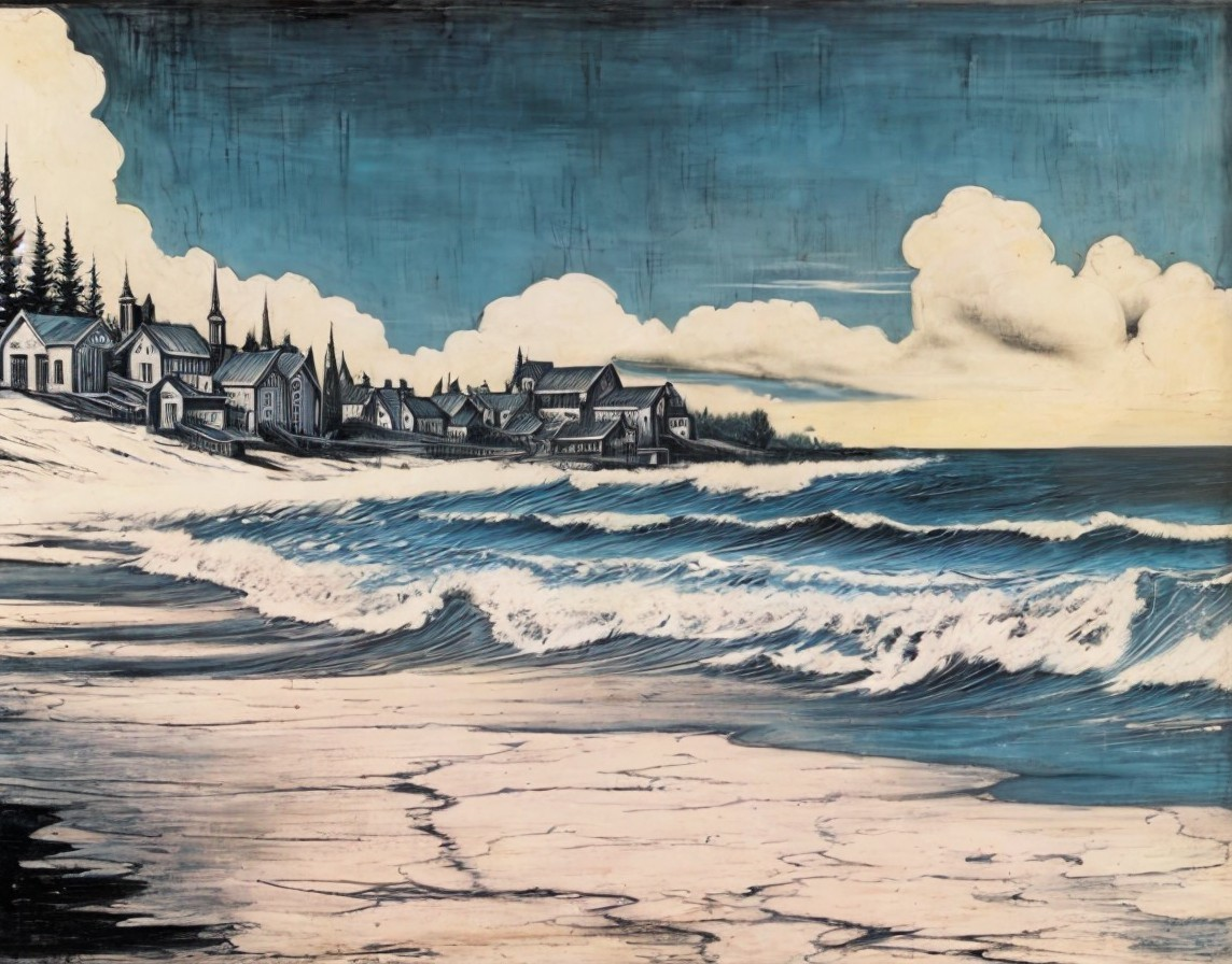 Serene Coastal Landscape with Village and Beach Scene