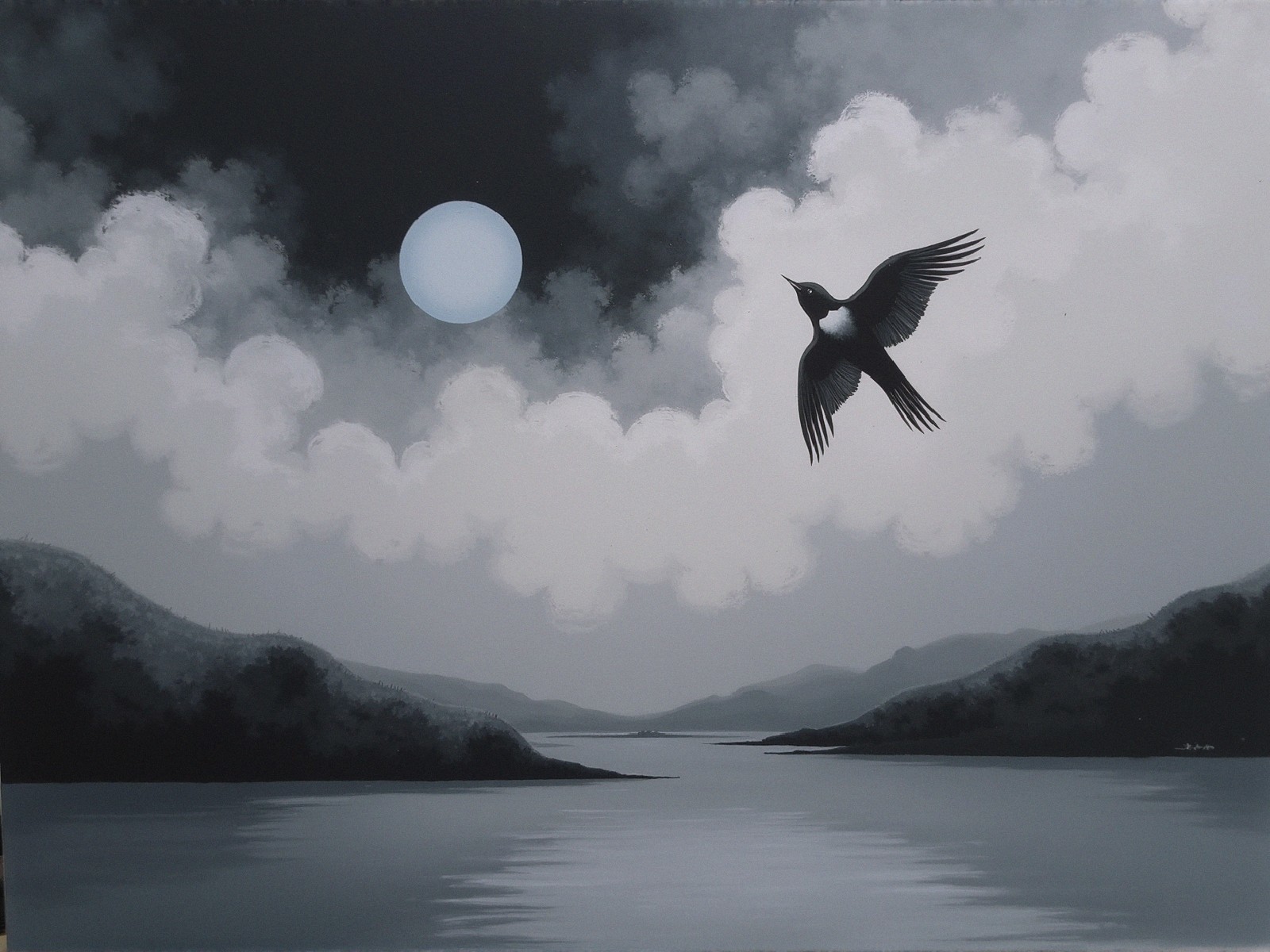 Black-and-White Landscape with Lake and Moon