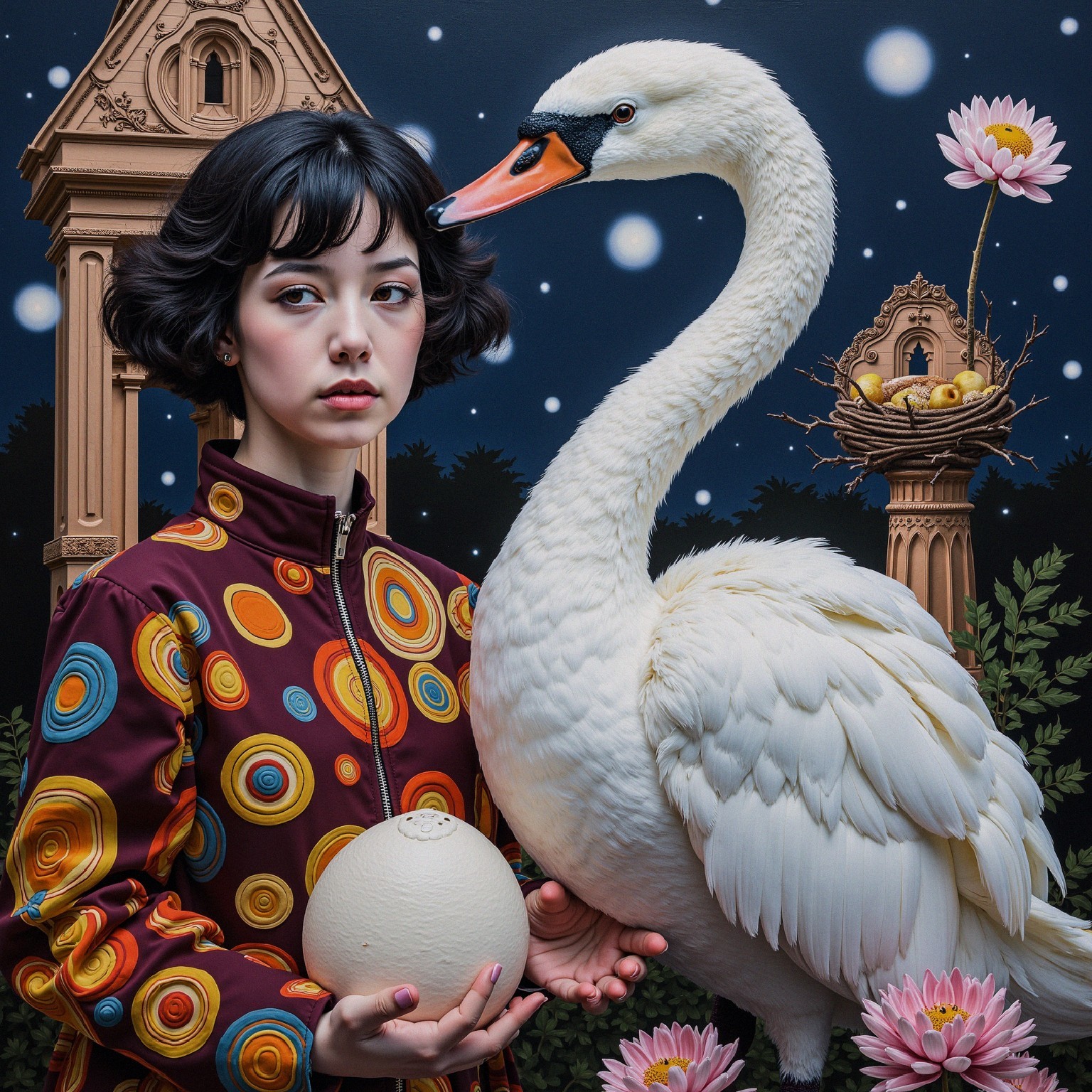 Surreal Scene with Woman, Ostrich Egg, and Swan