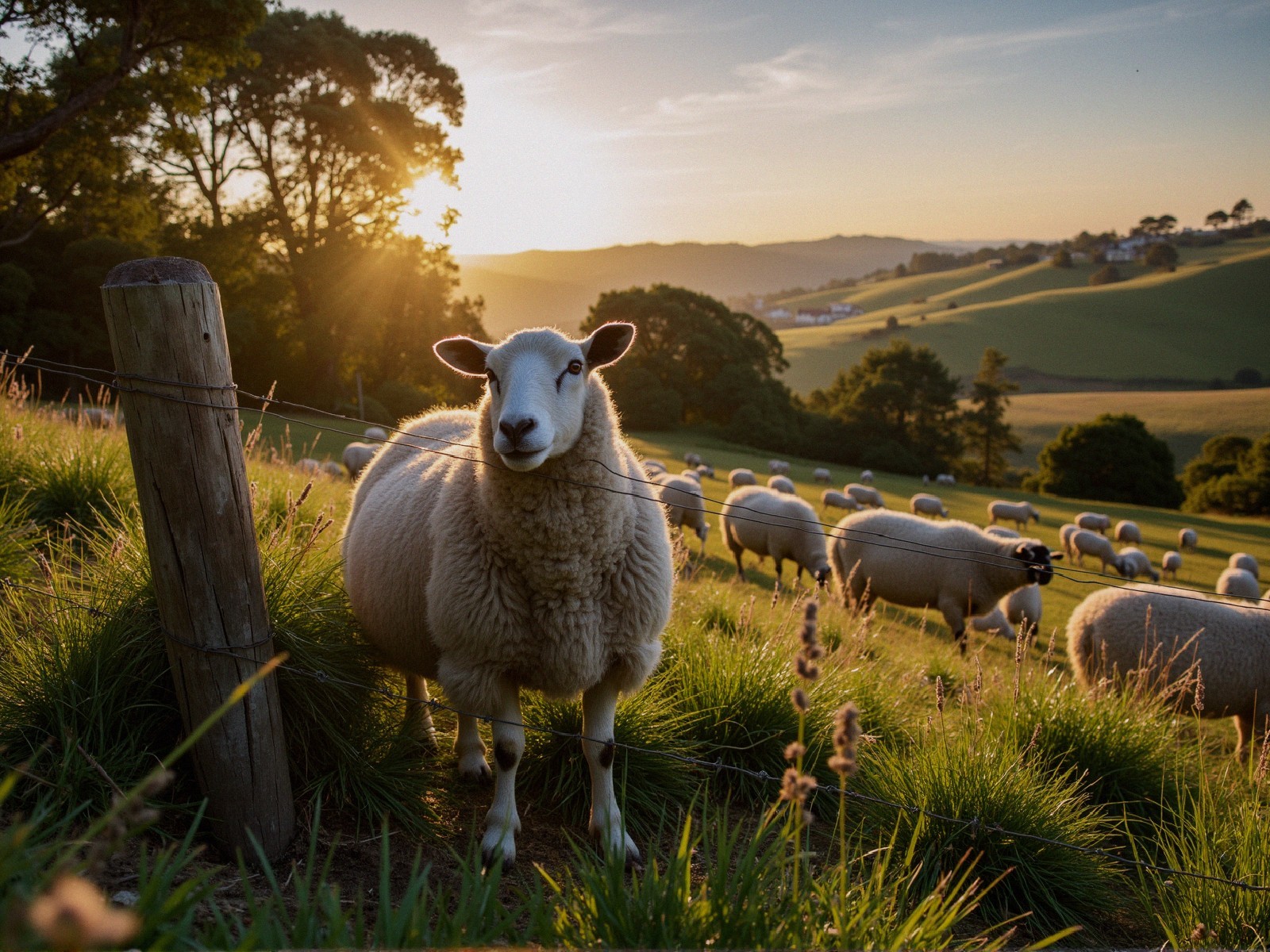 Serene Countryside Scene with Grazing Sheep and Hills